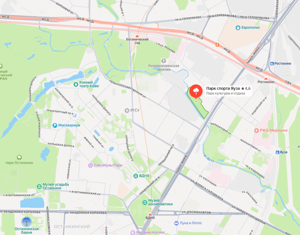 Парк Яуза на карте с метро