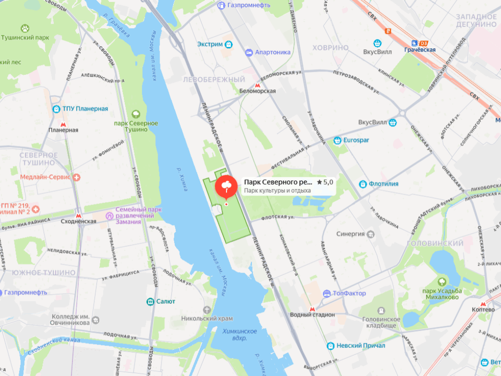Парк Северного Речного вокзала на карте с метро