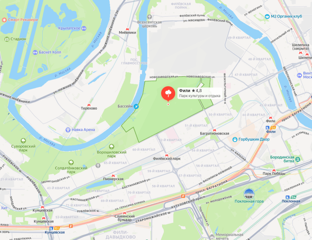 Парк Фили на карте с метро