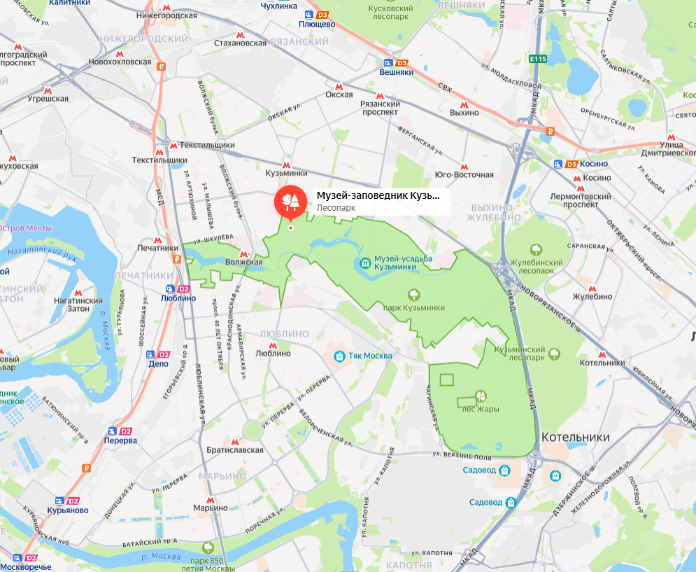 Парк Кузьминки на карте с метро