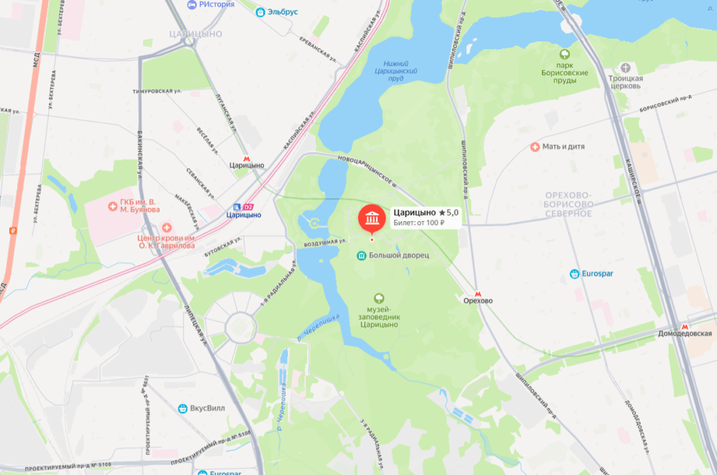 Парк Царицыно на карте с метро